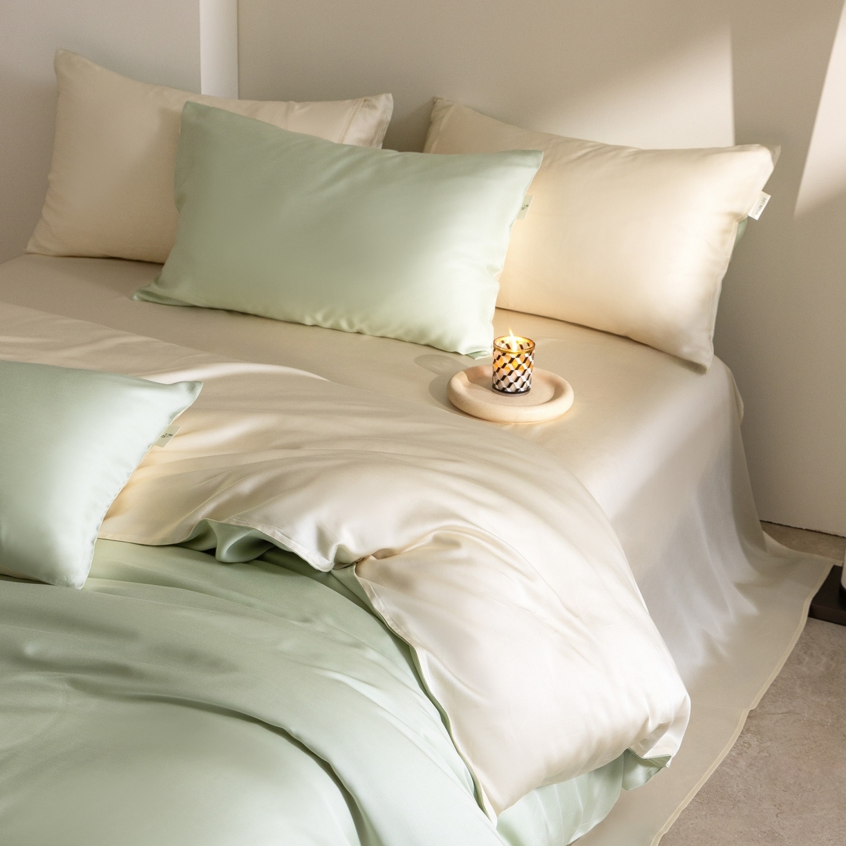 91家纺网 家纺一手货源 找家纺 时亿家居 2026春夏新款60天丝-丝颜悦色系列-被套四件套 云水绿