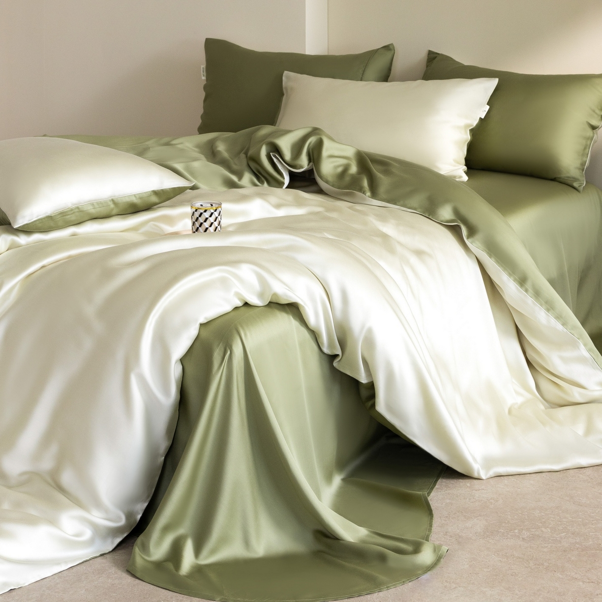 91家纺网 家纺一手货源 找家纺 时亿家居 2026春夏新款60天丝-丝颜悦色系列-被套四件套 瓷器绿