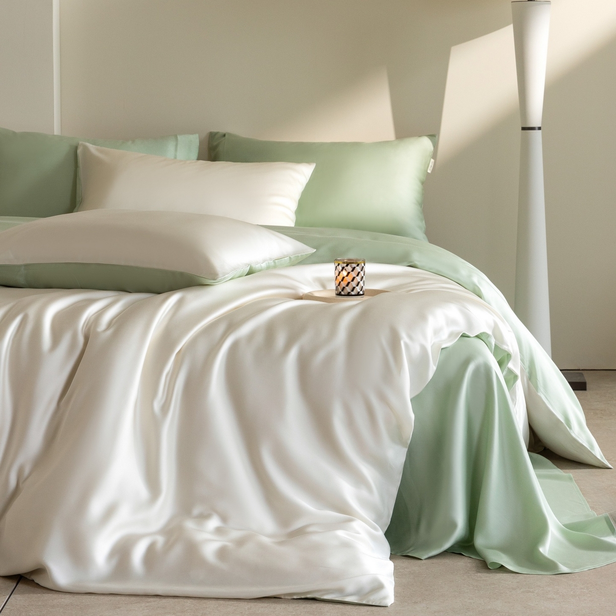 91家纺网 家纺一手货源 找家纺 时亿家居 2026春夏新款60天丝-丝颜悦色系列-被套四件套 杏云绿