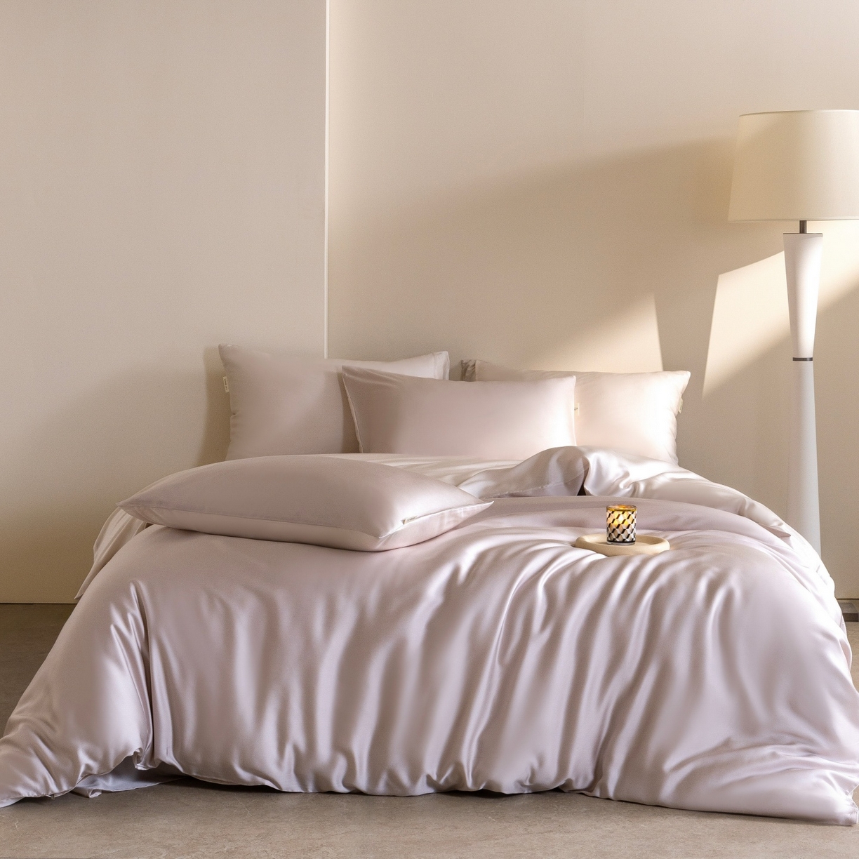 91家纺网 家纺一手货源 找家纺 时亿家居 2026春夏新款60天丝-丝颜悦色系列-被套四件套 缦豆沙