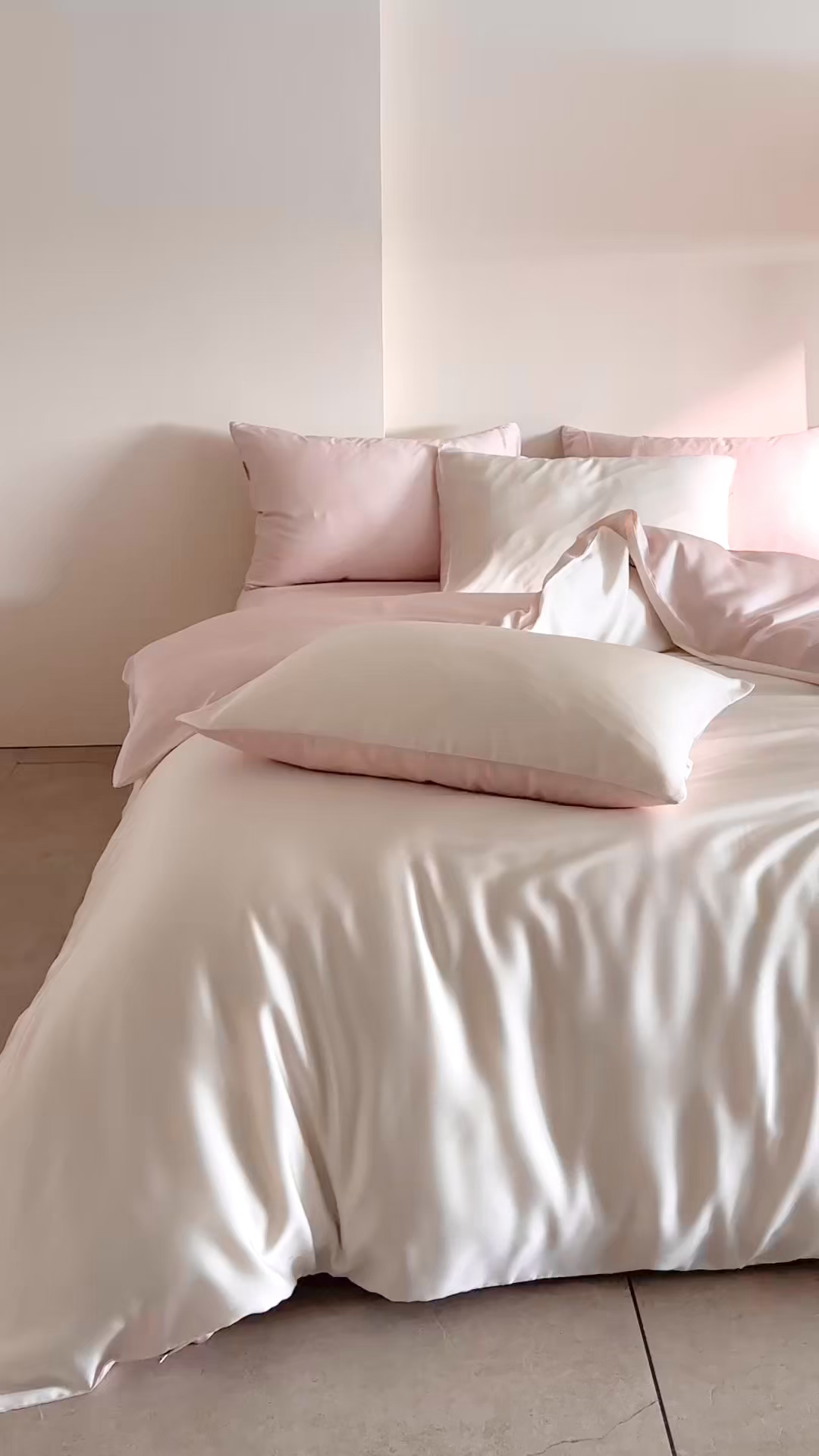 91家纺网 家纺一手货源 找家纺 时亿家居 2026春夏新款60天丝-丝颜悦色系列-被套四件套 杏云粉