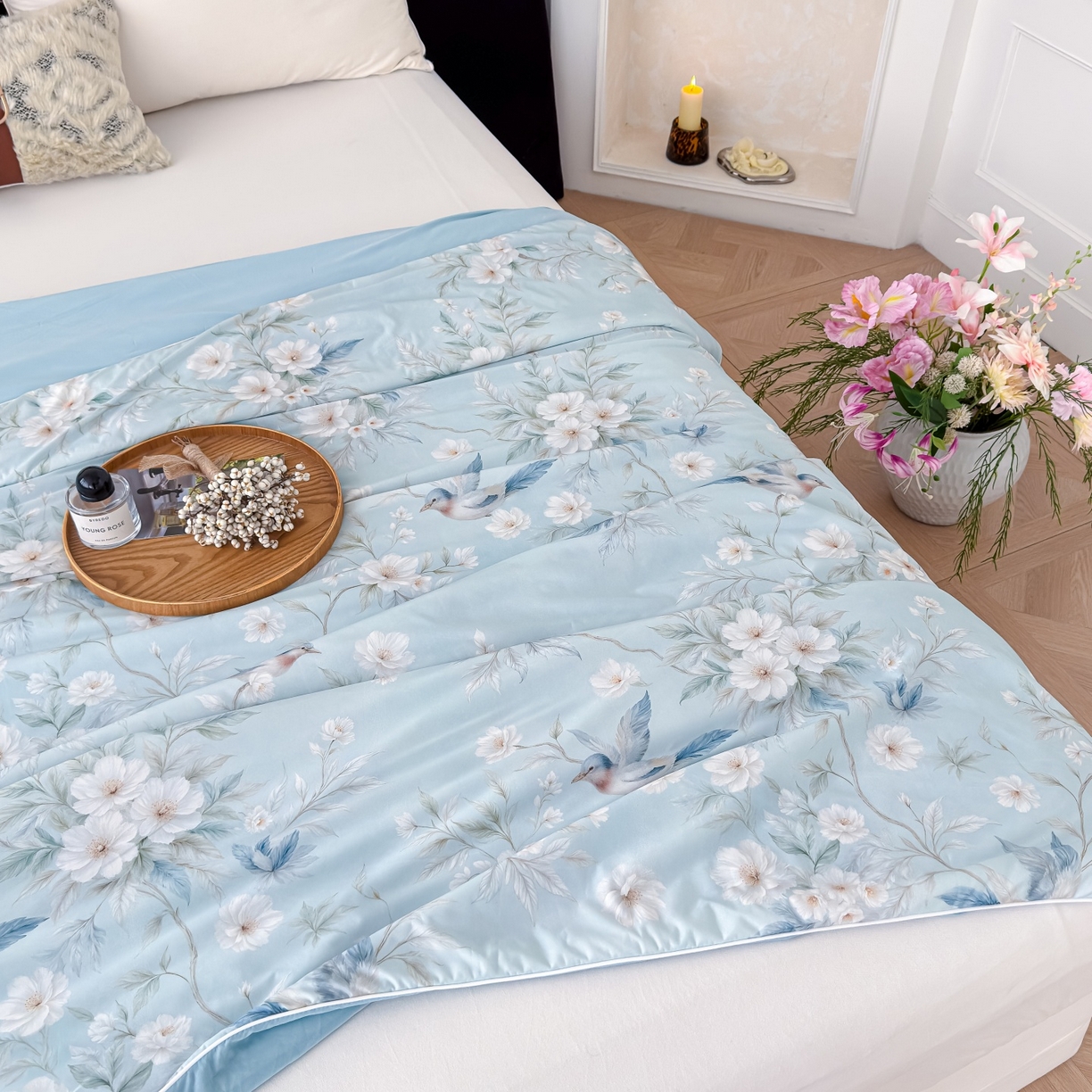 91家纺网 家纺一手货源 找家纺 归属 2026春夏新款数码印花凉感丝夏被夏凉被空调被系列 翠鸟