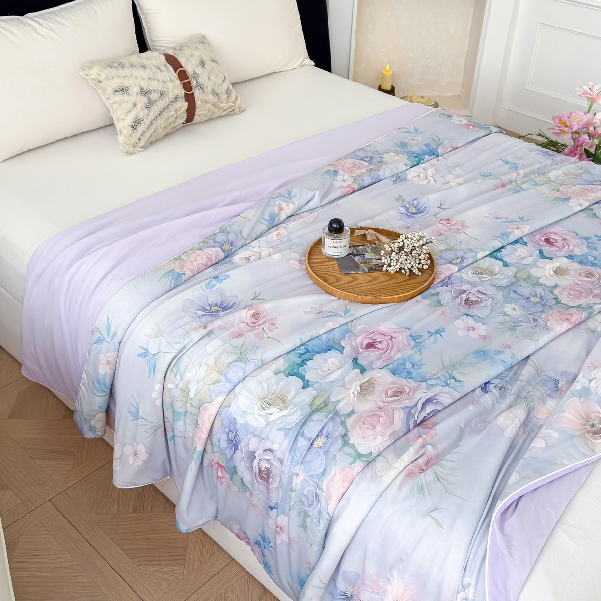 91家纺网 家纺一手货源 找家纺 归属 2026春夏新款数码印花凉感丝夏被夏凉被空调被系列 花雾