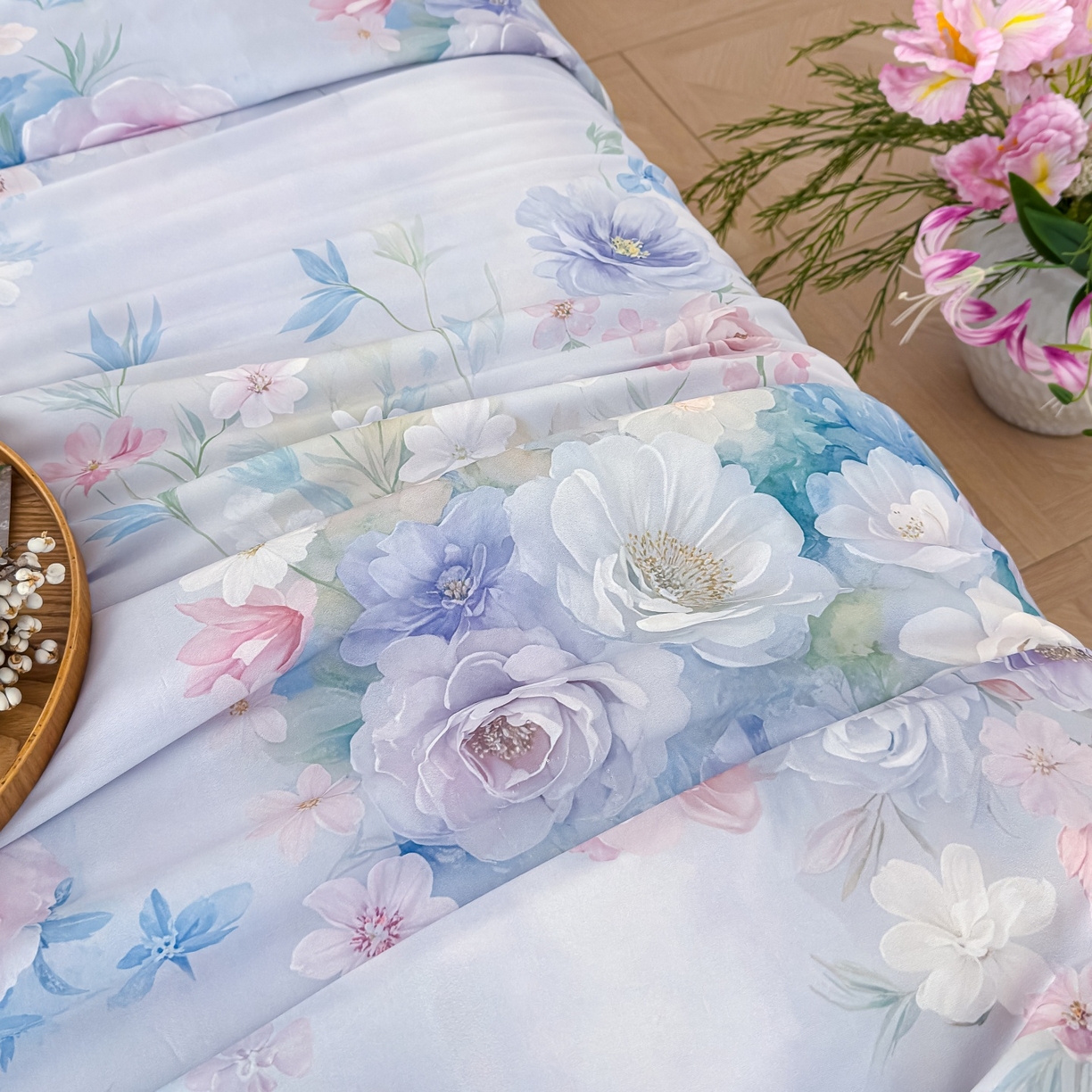 91家纺网 家纺一手货源 找家纺 归属 2026春夏新款数码印花凉感丝夏被夏凉被空调被系列 花雾