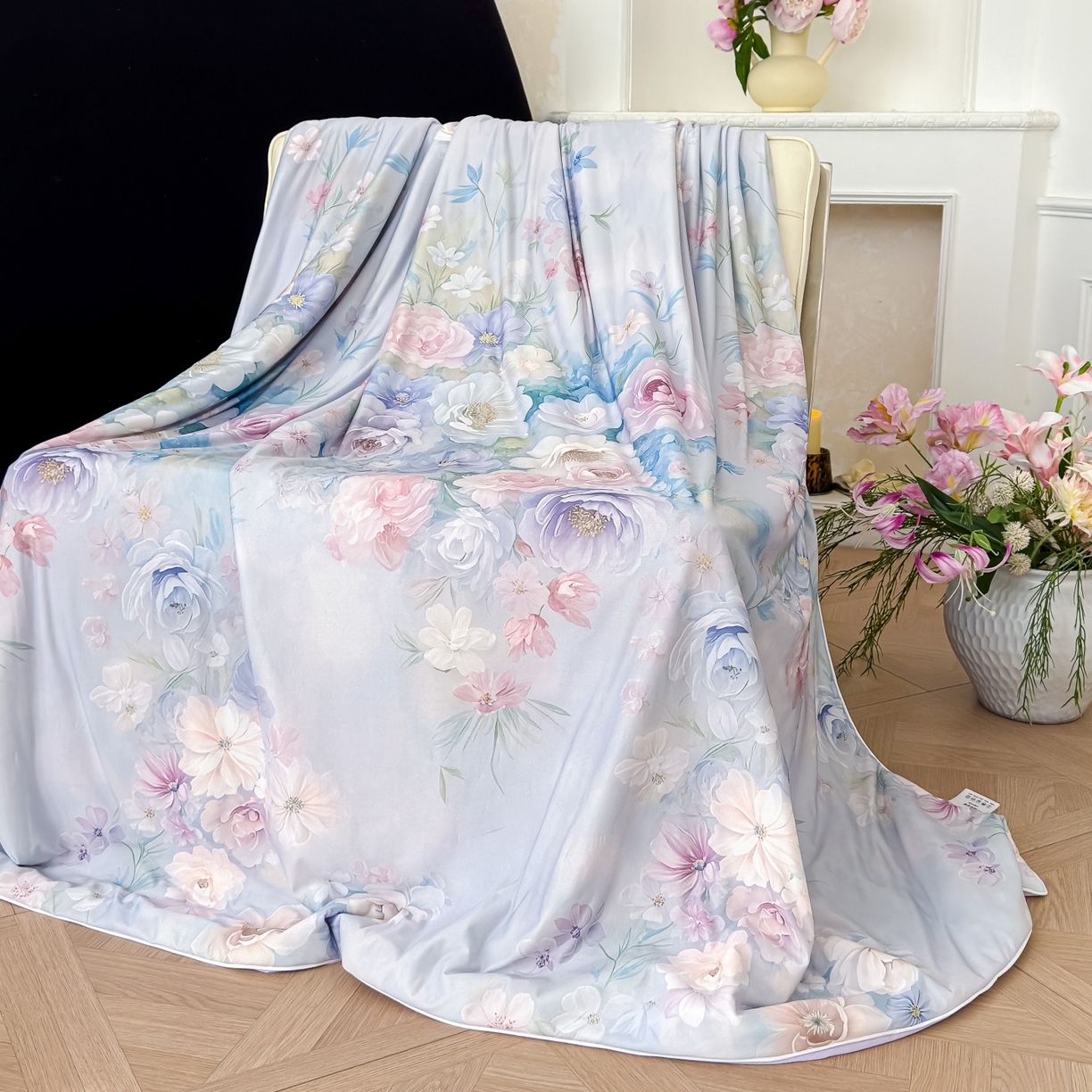 91家纺网 家纺一手货源 找家纺 归属 2026春夏新款数码印花凉感丝夏被夏凉被空调被系列 花雾