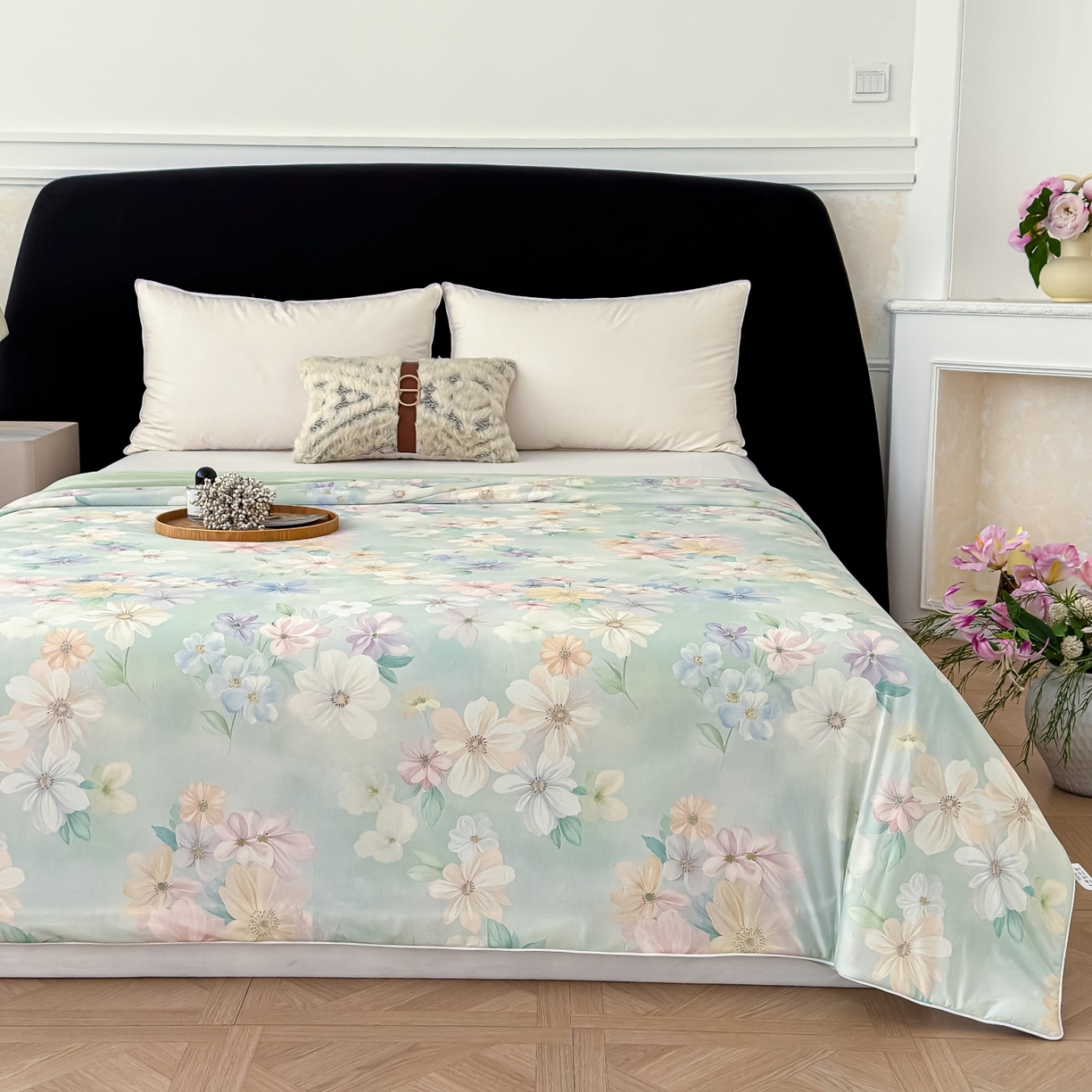 91家纺网 家纺一手货源 找家纺 归属 2026春夏新款数码印花凉感丝夏被夏凉被空调被系列 梦朵（绿）