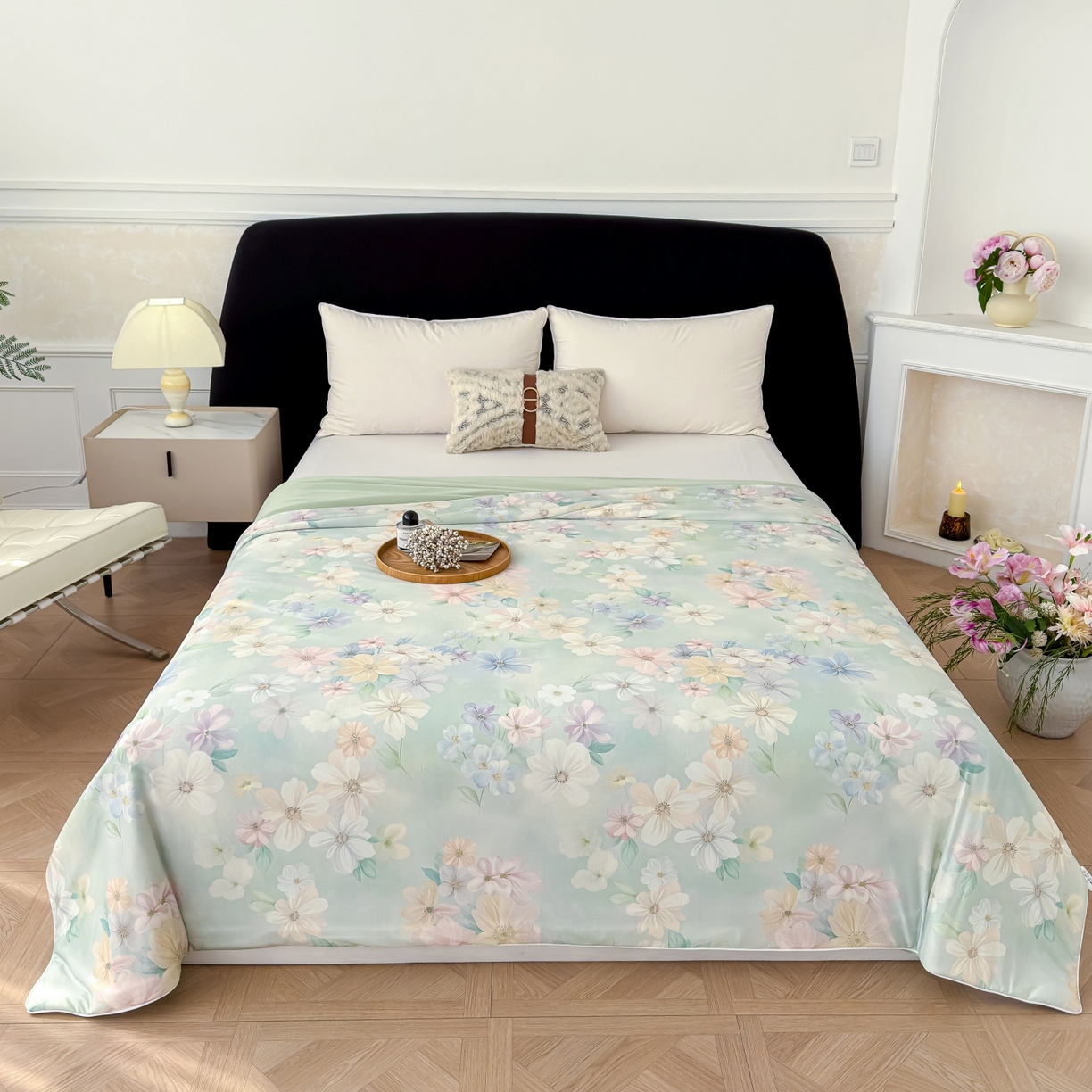 91家纺网 家纺一手货源 找家纺 归属 2026春夏新款数码印花凉感丝夏被夏凉被空调被系列 梦朵（绿）