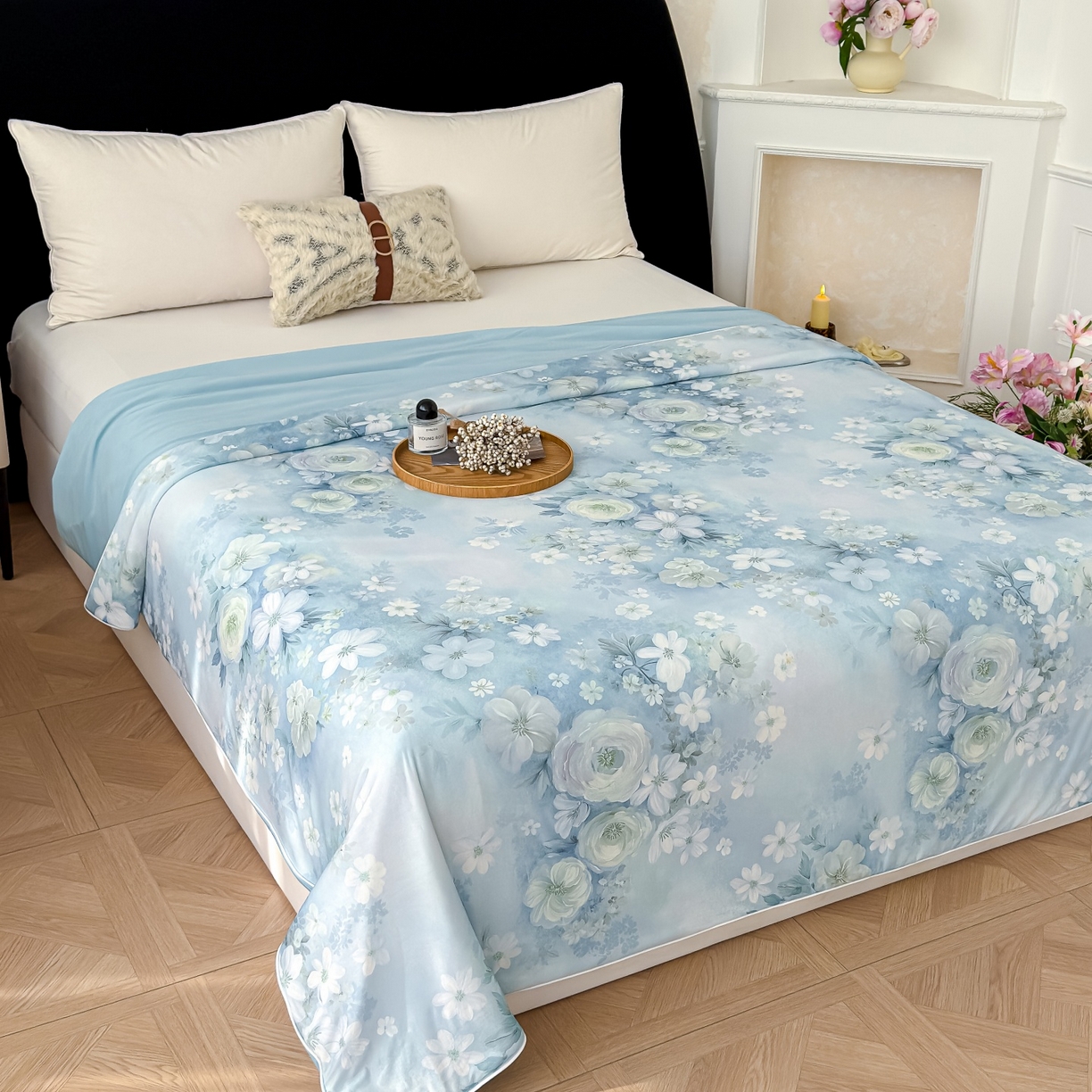 91家纺网 家纺一手货源 找家纺 归属 2026春夏新款数码印花凉感丝夏被夏凉被空调被系列 绒花（绿）