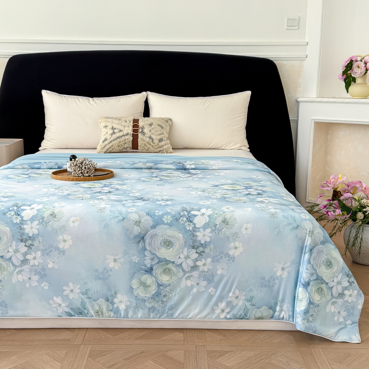 91家纺网 家纺一手货源 找家纺 归属 2026春夏新款数码印花凉感丝夏被夏凉被空调被系列 绒花（绿）