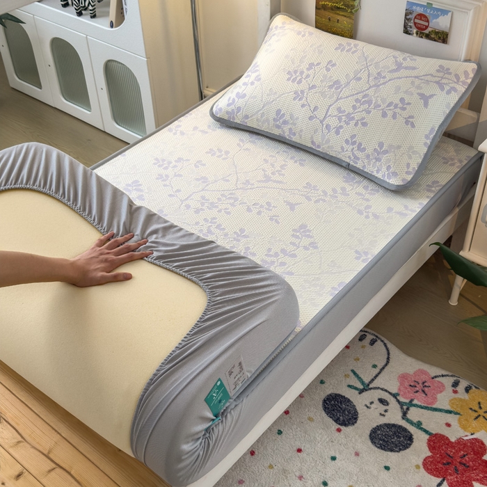 91家纺网 家纺一手货源 找家纺 凯罗 2026新款A类凉豆豆学生宿舍用床席可水洗凉席席子床笠款 纤藤集-紫-床笠款