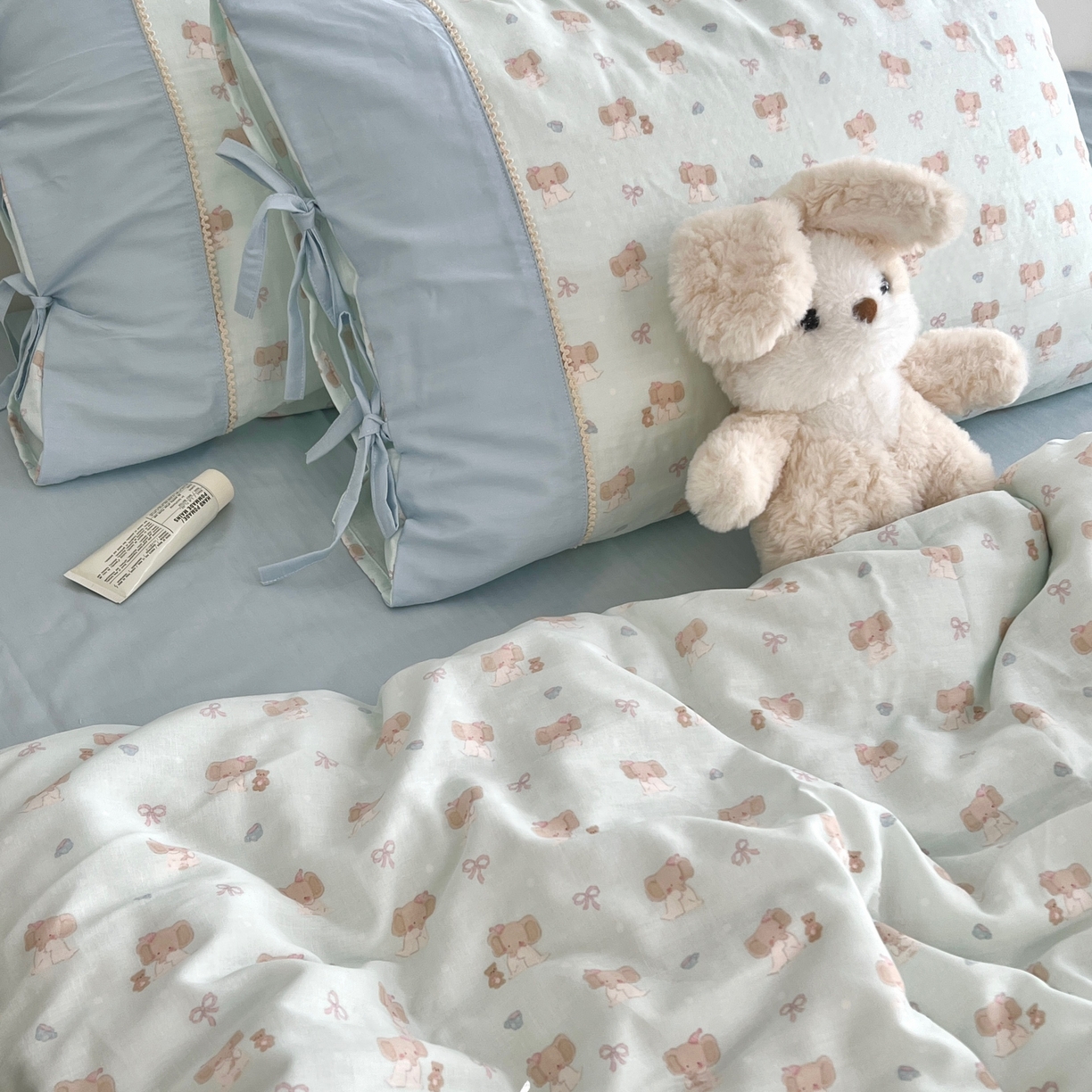 荣轩家居 2026新品韩式拼接系绳蝴蝶结工艺款四件套（铺床版） 蓝宝