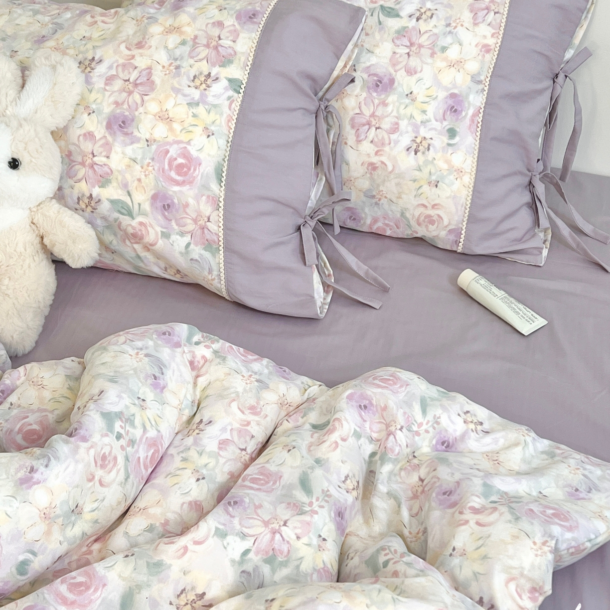 荣轩家居 2026新品韩式拼接系绳蝴蝶结工艺款四件套（铺床版） 蔓延-紫