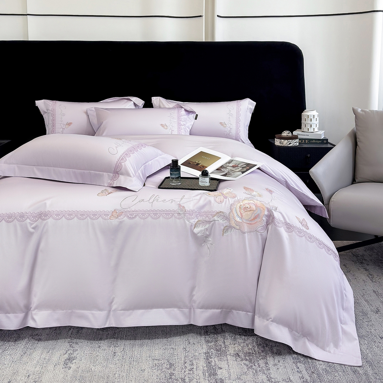 91家纺网 家纺一手货源 找家纺 莱势 2026新品100支纯棉全棉50x50s贡缎长绒棉纯棉刺绣绣花四件套高端礼盒