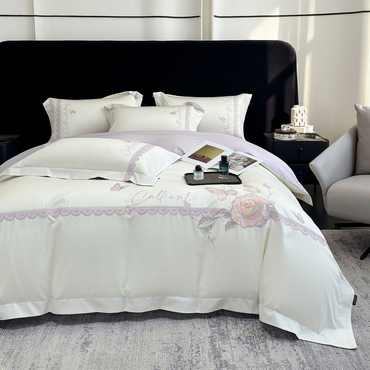 莱势 2026新品100支纯棉全棉50x50s贡缎长绒棉纯棉刺绣绣花四件套高端礼盒 蝶曼影-白拼紫