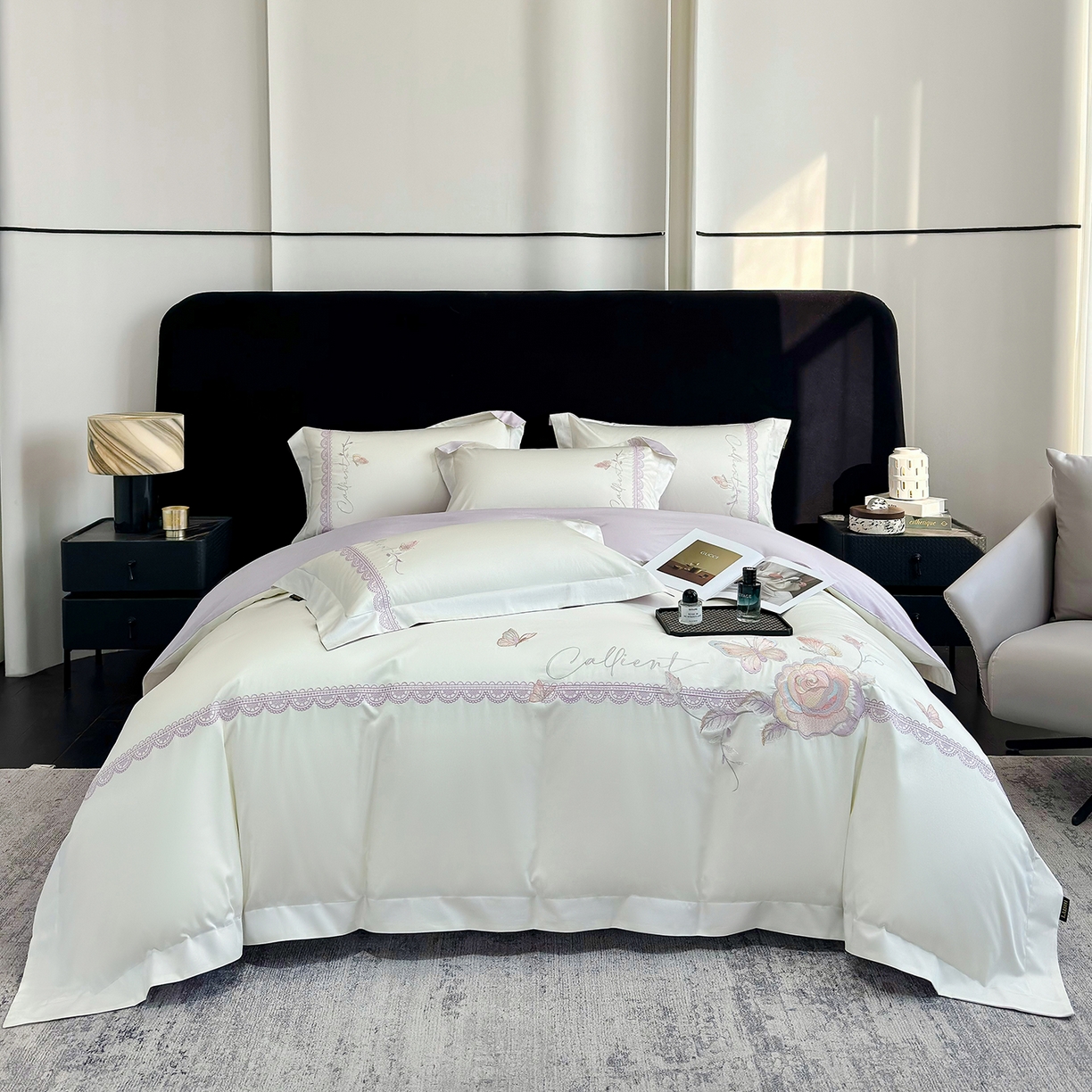 91家纺网 家纺一手货源 找家纺 莱势 2026新品100支纯棉全棉50x50s贡缎长绒棉纯棉刺绣绣花四件套高端礼盒 蝶曼影-白拼紫