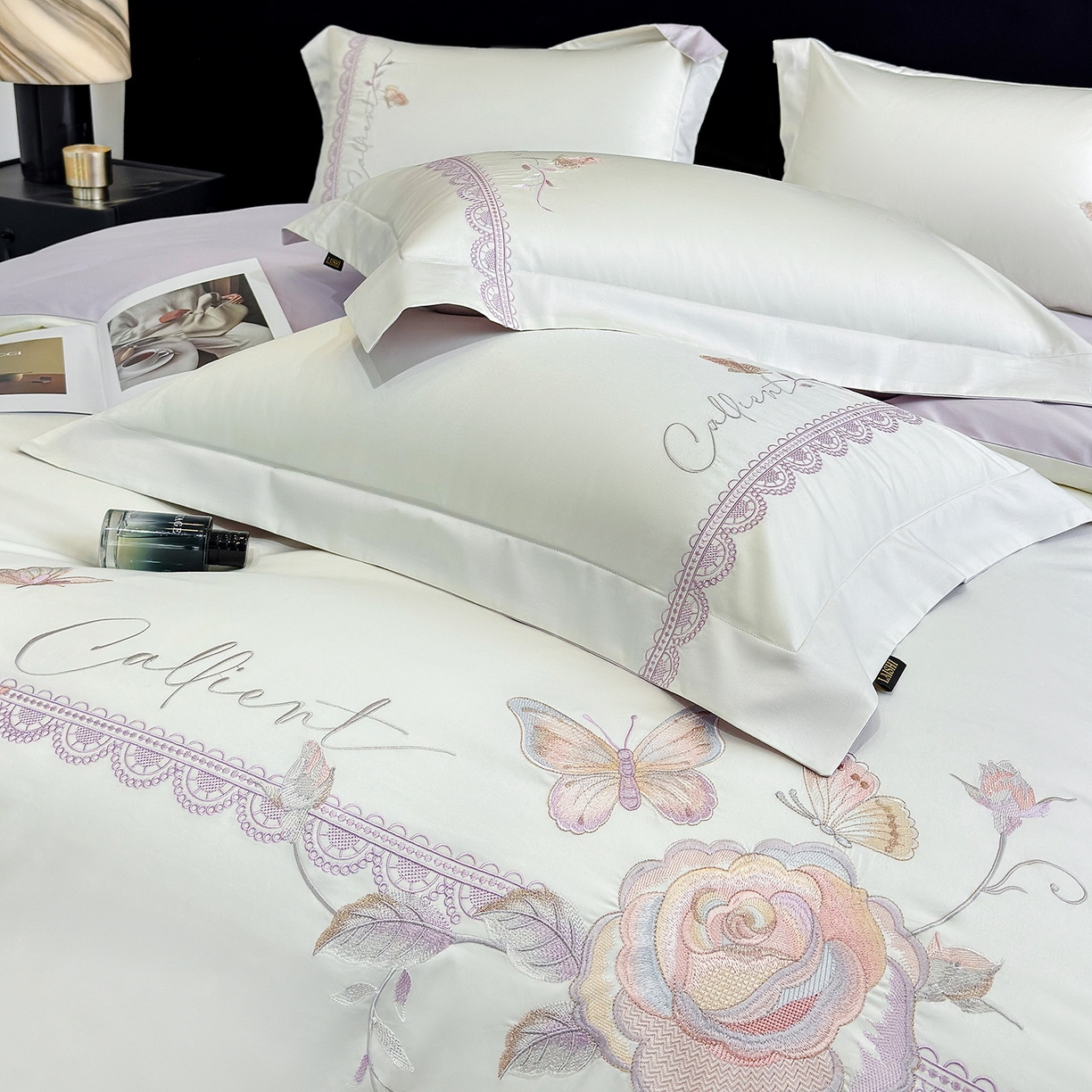 91家纺网 家纺一手货源 找家纺 莱势 2026新品100支纯棉全棉50x50s贡缎长绒棉纯棉刺绣绣花四件套高端礼盒