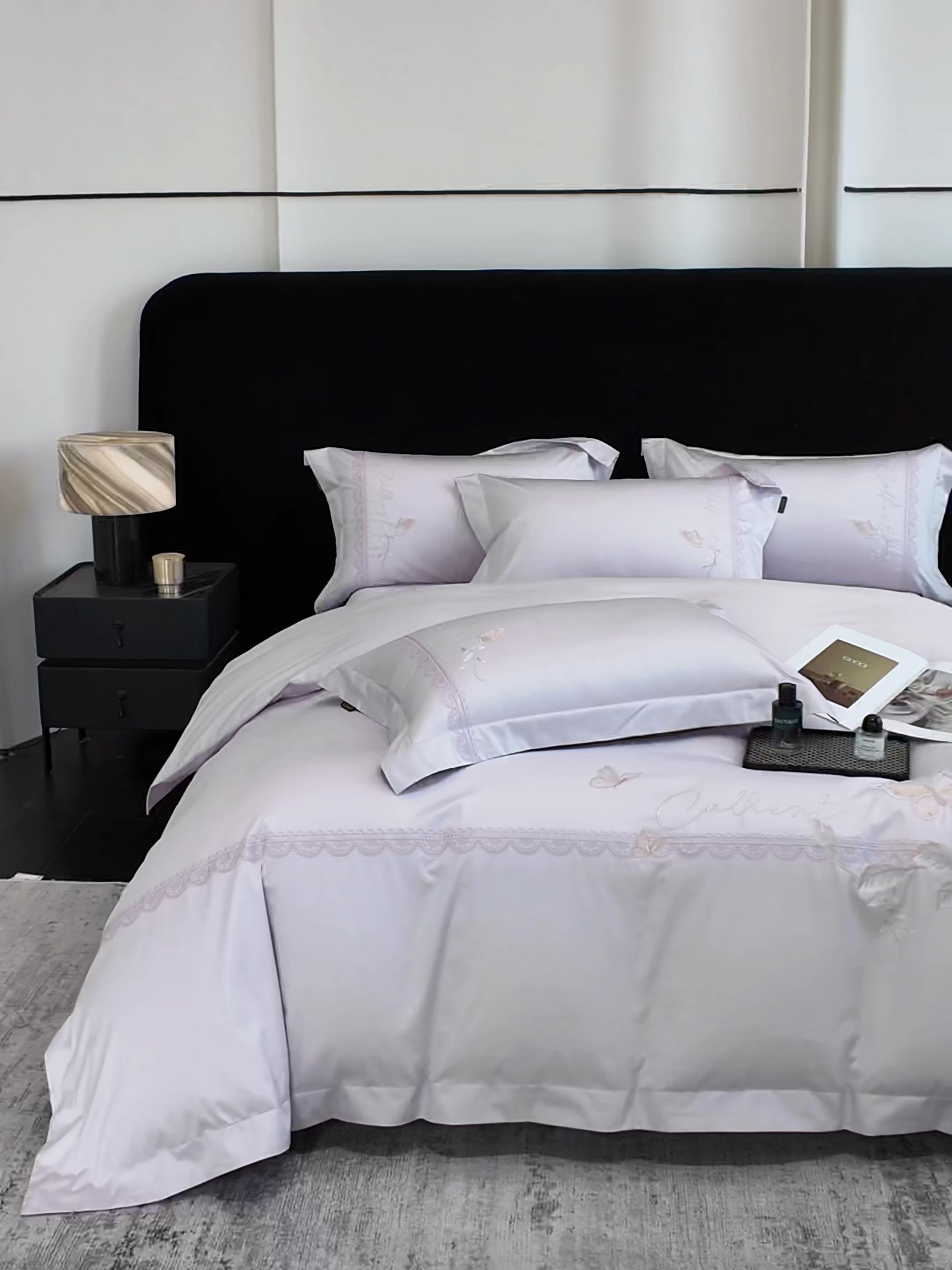 91家纺网 家纺一手货源 找家纺 莱势 2026新品100支纯棉全棉50x50s贡缎长绒棉纯棉刺绣绣花四件套高端礼盒 蝶曼影-梦幻紫