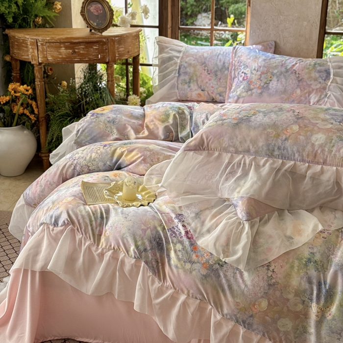 91家纺网 家纺一手货源 找家纺 （总）艾米家居 2026春夏新款花边款法式天丝棉冰丝系列四件套提供买家秀