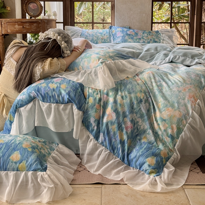 91家纺网 家纺一手货源 找家纺 艾米家居 2026春夏新款花边款法式天丝棉冰丝系列四件套提供买家秀 梵高花边款