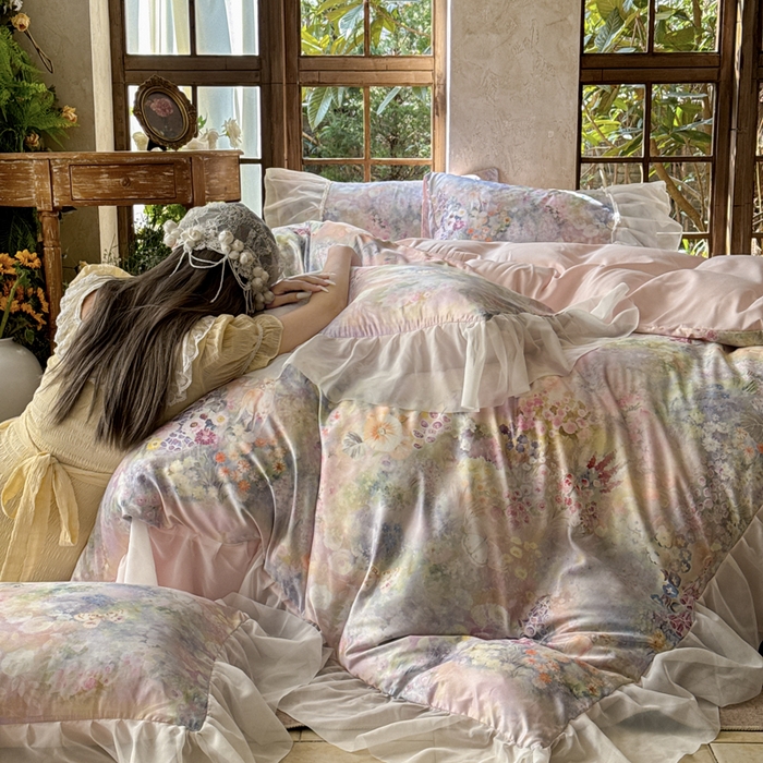 艾米家居 2026春夏新款花边款法式天丝棉冰丝系列四件套提供买家秀 莫奈花园花边款