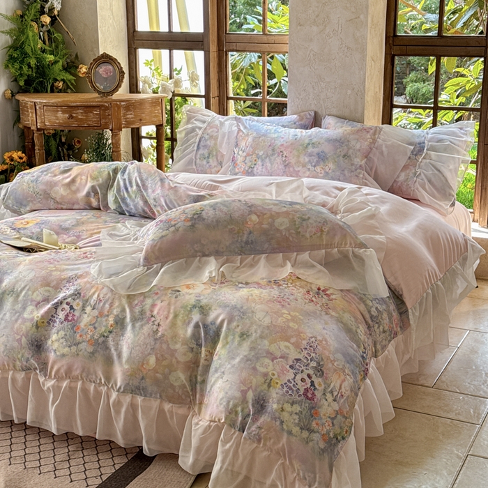 91家纺网 家纺一手货源 找家纺 艾米家居 2026春夏新款花边款法式天丝棉冰丝系列四件套提供买家秀 莫奈花园花边款