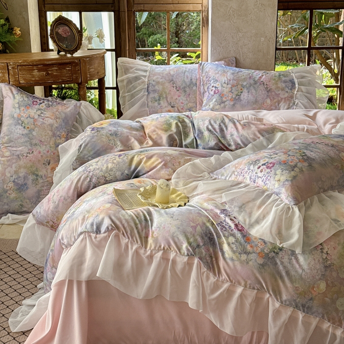 91家纺网 家纺一手货源 找家纺 艾米家居 2026春夏新款花边款法式天丝棉冰丝系列四件套提供买家秀 莫奈花园花边款