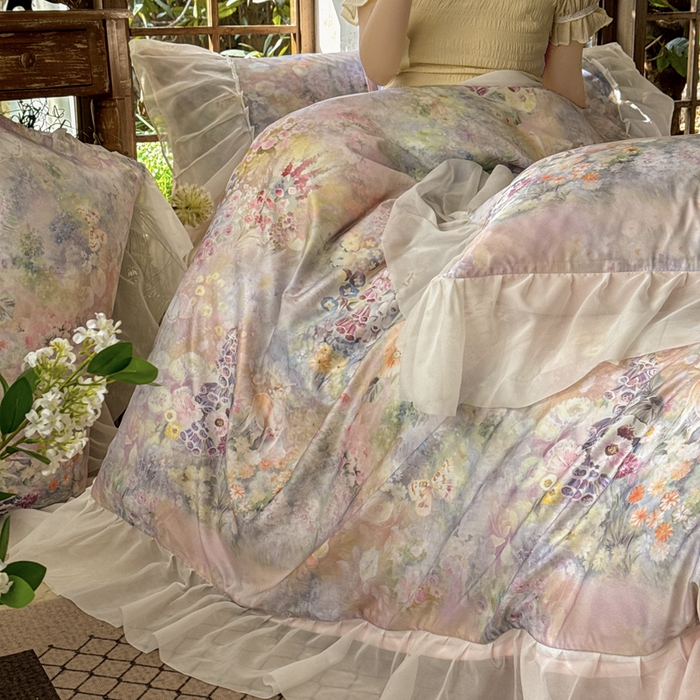 91家纺网 家纺一手货源 找家纺 艾米家居 2026春夏新款花边款法式天丝棉冰丝系列四件套提供买家秀 莫奈花园花边款