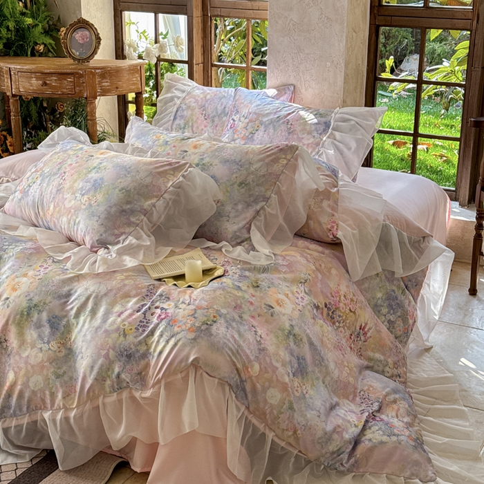 91家纺网 家纺一手货源 找家纺 艾米家居 2026春夏新款花边款法式天丝棉冰丝系列四件套提供买家秀 莫奈花园花边款