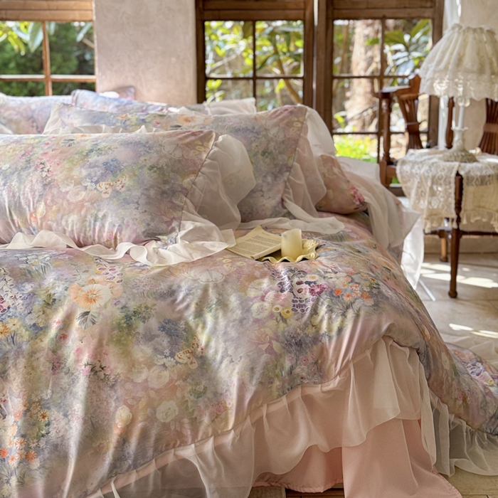 91家纺网 家纺一手货源 找家纺 艾米家居 2026春夏新款花边款法式天丝棉冰丝系列四件套提供买家秀 莫奈花园花边款