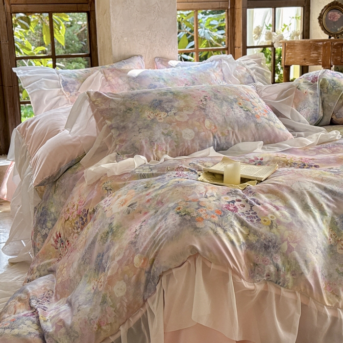 91家纺网 家纺一手货源 找家纺 艾米家居 2026春夏新款花边款法式天丝棉冰丝系列四件套提供买家秀 莫奈花园花边款