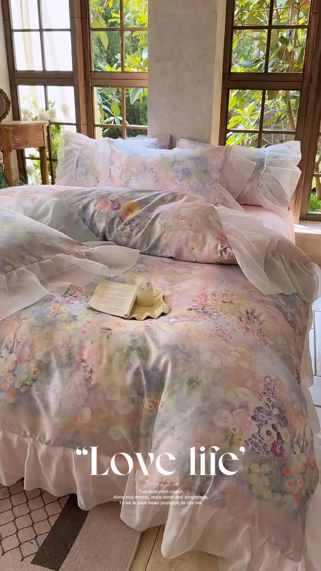 91家纺网 家纺一手货源 找家纺 艾米家居 2026春夏新款花边款法式天丝棉冰丝系列四件套提供买家秀 莫奈花园花边款