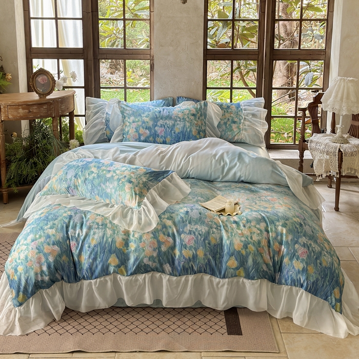 91家纺网 家纺一手货源 找家纺 艾米家居 2026春夏新款花边款法式天丝棉冰丝系列四件套提供买家秀 梵高花边款