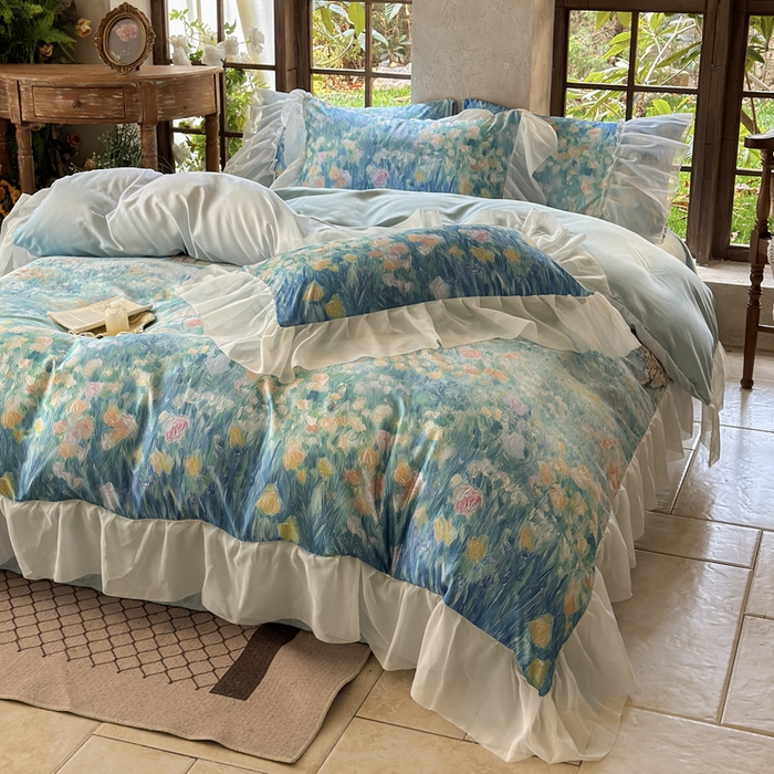 91家纺网 家纺一手货源 找家纺 艾米家居 2026春夏新款花边款法式天丝棉冰丝系列四件套提供买家秀 梵高花边款