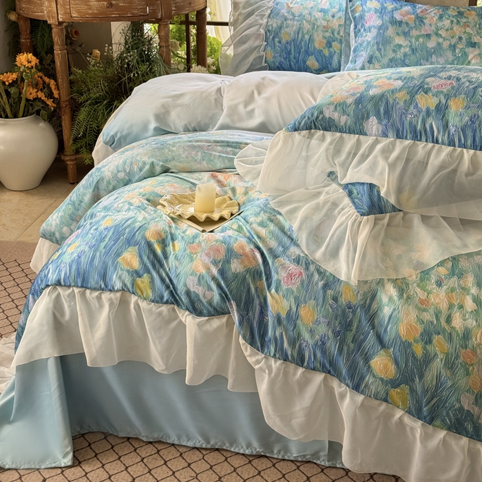 91家纺网 家纺一手货源 找家纺 艾米家居 2026春夏新款花边款法式天丝棉冰丝系列四件套提供买家秀 梵高花边款