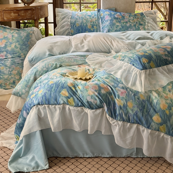 91家纺网 家纺一手货源 找家纺 艾米家居 2026春夏新款花边款法式天丝棉冰丝系列四件套提供买家秀 梵高花边款