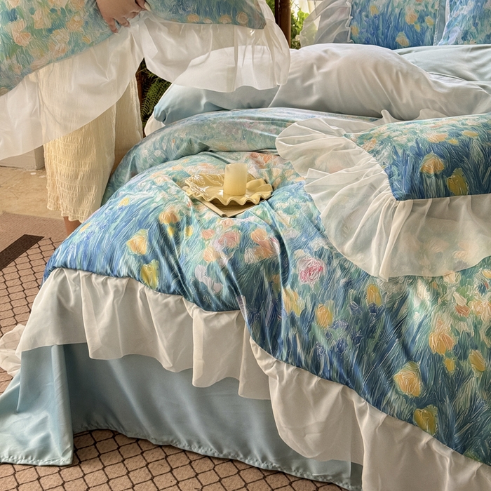 91家纺网 家纺一手货源 找家纺 艾米家居 2026春夏新款花边款法式天丝棉冰丝系列四件套提供买家秀 梵高花边款