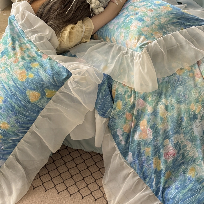 91家纺网 家纺一手货源 找家纺 艾米家居 2026春夏新款花边款法式天丝棉冰丝系列四件套提供买家秀 梵高花边款