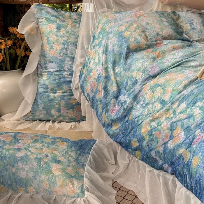 91家纺网 家纺一手货源 找家纺 艾米家居 2026春夏新款花边款法式天丝棉冰丝系列四件套提供买家秀 梵高花边款