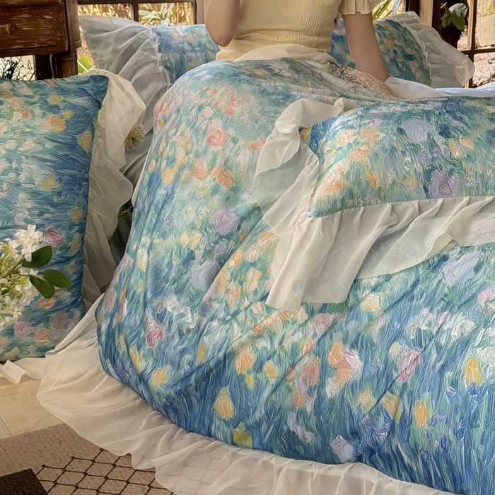 91家纺网 家纺一手货源 找家纺 艾米家居 2026春夏新款花边款法式天丝棉冰丝系列四件套提供买家秀 梵高花边款