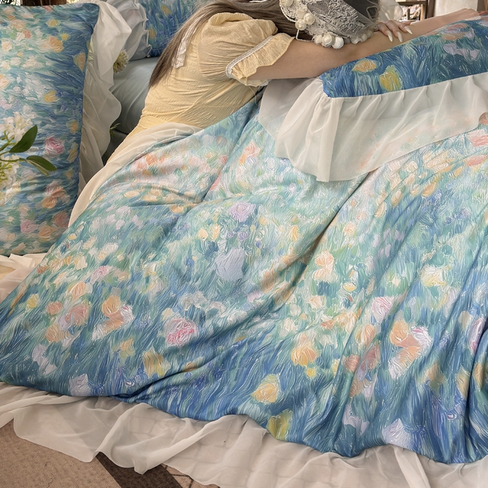 91家纺网 家纺一手货源 找家纺 艾米家居 2026春夏新款花边款法式天丝棉冰丝系列四件套提供买家秀 梵高花边款