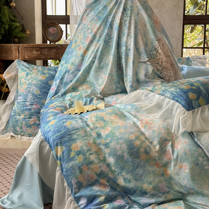 91家纺网 家纺一手货源 找家纺 艾米家居 2026春夏新款花边款法式天丝棉冰丝系列四件套提供买家秀 梵高花边款