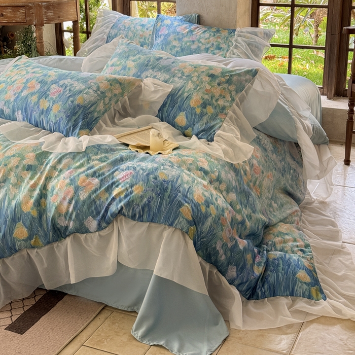 91家纺网 家纺一手货源 找家纺 艾米家居 2026春夏新款花边款法式天丝棉冰丝系列四件套提供买家秀 梵高花边款