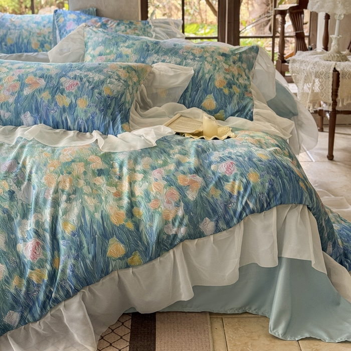 91家纺网 家纺一手货源 找家纺 艾米家居 2026春夏新款花边款法式天丝棉冰丝系列四件套提供买家秀 梵高花边款