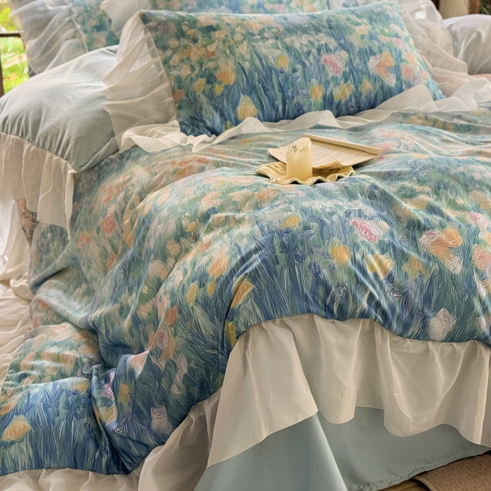 91家纺网 家纺一手货源 找家纺 艾米家居 2026春夏新款花边款法式天丝棉冰丝系列四件套提供买家秀 梵高花边款