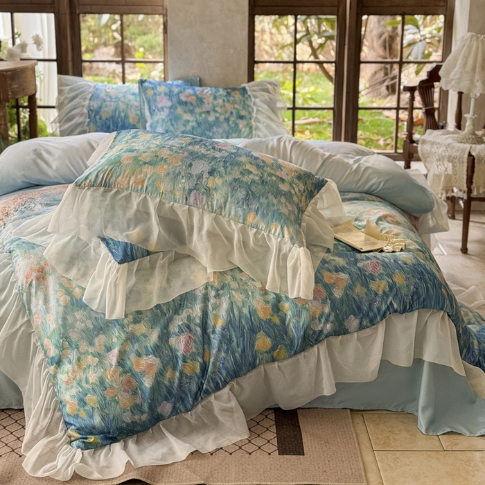 91家纺网 家纺一手货源 找家纺 艾米家居 2026春夏新款花边款法式天丝棉冰丝系列四件套提供买家秀 梵高花边款