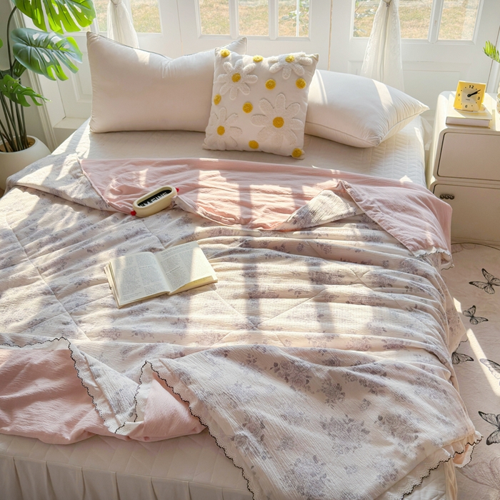 91家纺网 家纺一手货源 找家纺 云玲时尚 2026新款木棉皱皱纱夏被被子被芯 花惜止