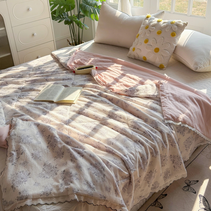 91家纺网 家纺一手货源 找家纺 云玲时尚 2026新款木棉皱皱纱夏被被子被芯 花惜止