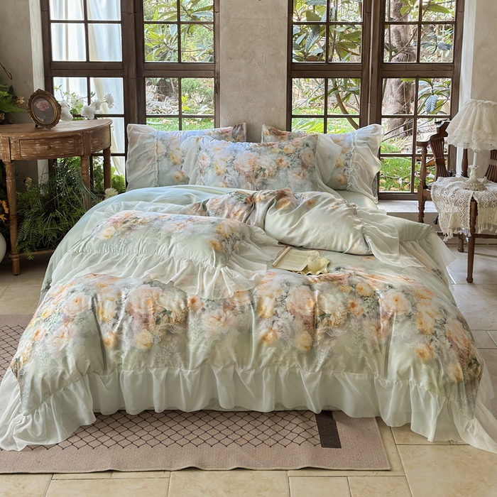 91家纺网 家纺一手货源 找家纺 艾米家居 2026春夏新款花边款法式天丝棉冰丝系列四件套提供买家秀 花旦花边款