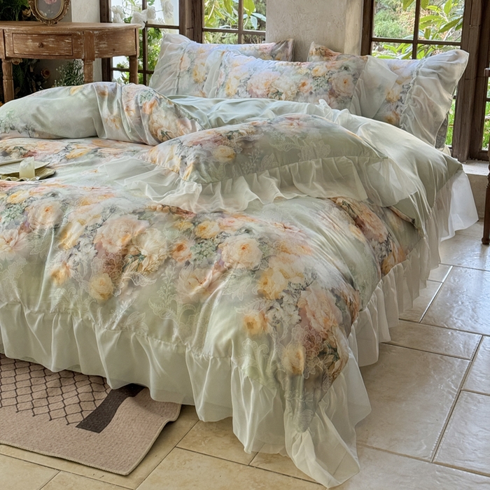 91家纺网 家纺一手货源 找家纺 艾米家居 2026春夏新款花边款法式天丝棉冰丝系列四件套提供买家秀 花旦花边款