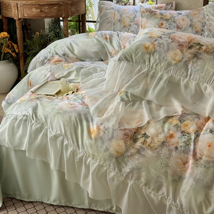 91家纺网 家纺一手货源 找家纺 艾米家居 2026春夏新款花边款法式天丝棉冰丝系列四件套提供买家秀 花旦花边款